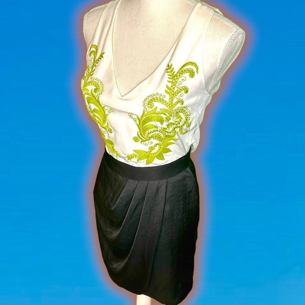 RARE Vintage Sachin + Babi Lime Green Embroidered Black & White Mini Dress Size0 - Picture 6 of 15